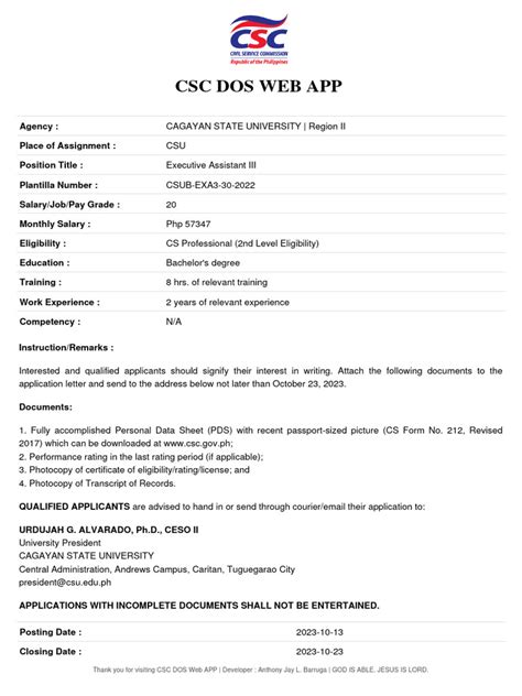 csc dos job portal|DOS Web App .